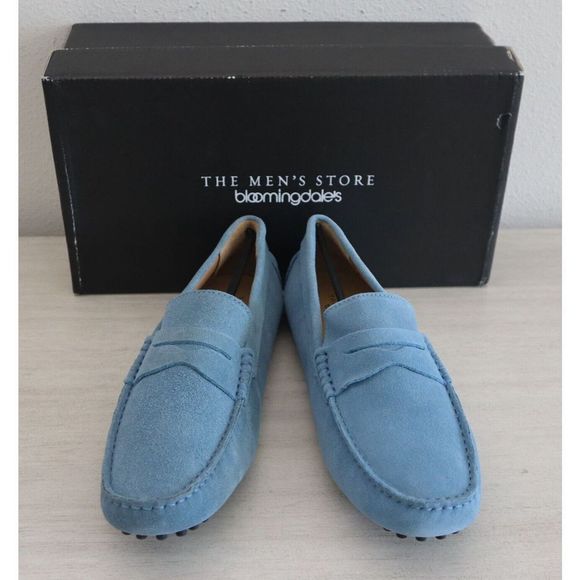 The Mens Store Bloomingdale's Men Sz 8 Light Blue Sued Penny Driver Loafers $145 - Picture 1 of 11